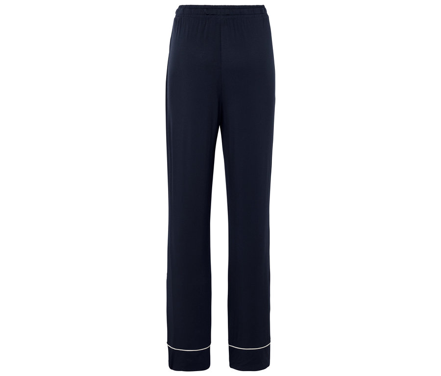 Granatowe, długie spodnie od piżamy z białym obszyciem.