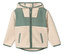 Na białym tle leży kremowo-zielona kurtka z kapturem.