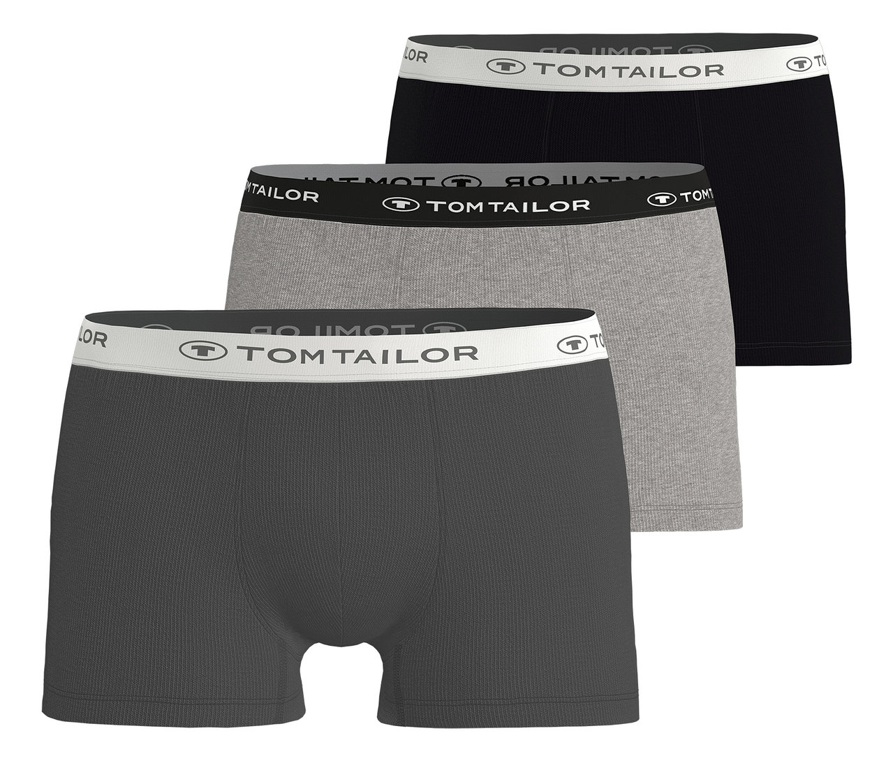 Trzy pary szarych bokserek Tom Tailor „Buffer” ułożone w stos, z logo na pasie.