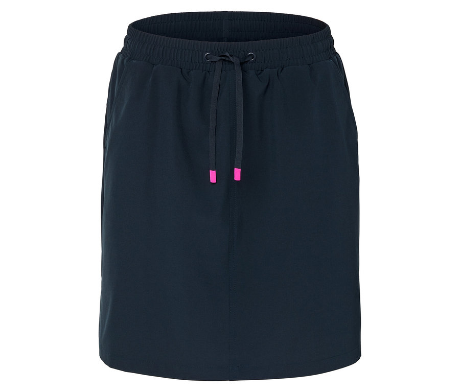 Granatowa spódnica ze sznurkiem i różowymi detalami.
