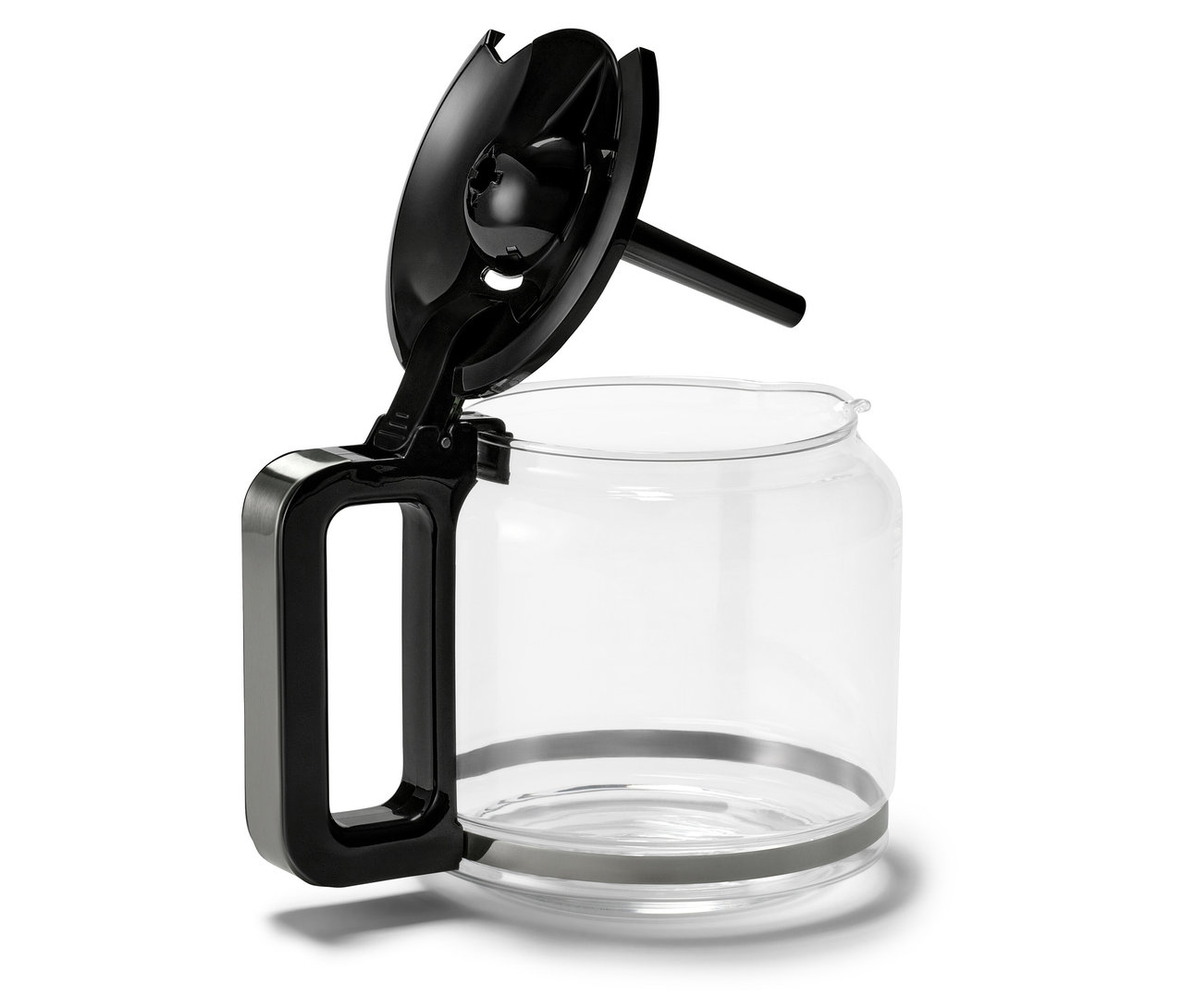 Szklany dzbanek srebrnego ekspresu przelewowego »Let's Brew Elegant« z otwartą, czarną pokrywką.
