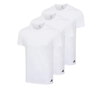 Trzy białe koszulki adidas Active Core ułożone kaskadowo, z logo adidas na dole.