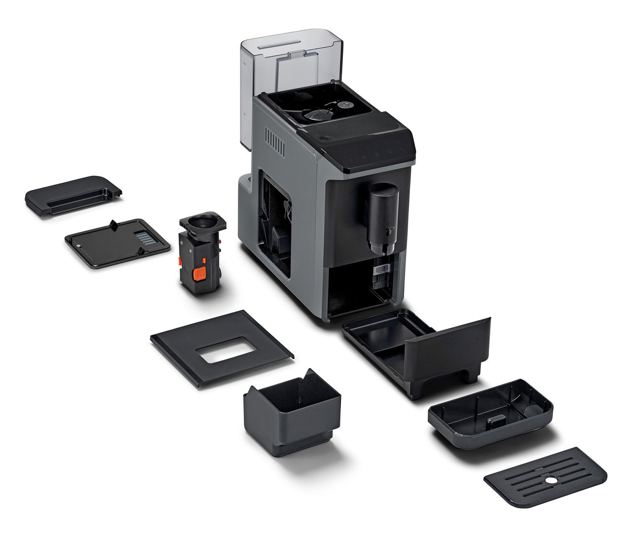 Rozłożony ekspres do kawy »Esperto mini« i jego części na białym tle.