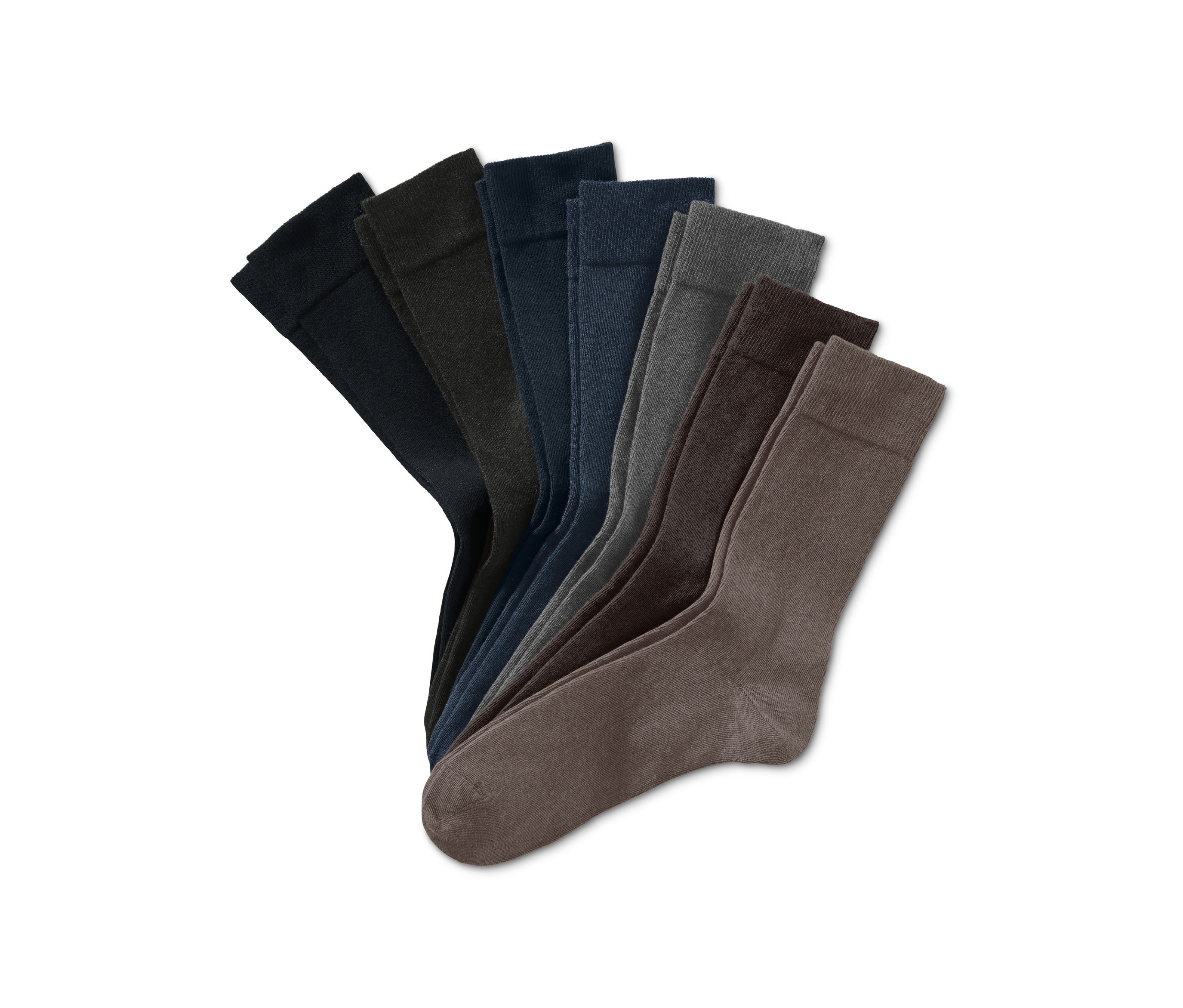 Siedem par skarpet w różnych kolorach.