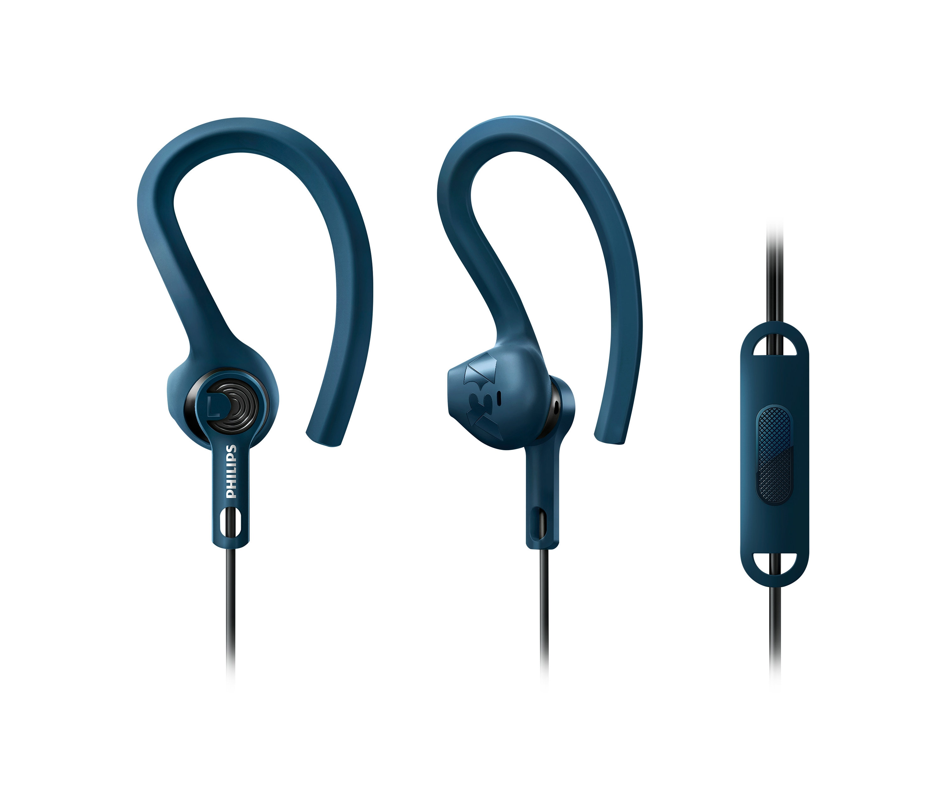 Zbliżenie na niebieskie słuchawki sportowe Philips »ActionFit«.