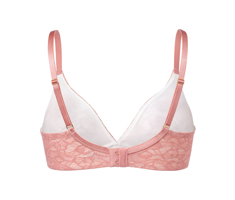 Szczegółowe ujęcie miękkiego biustonosza premium z koronkowym wzorem w kolorze różowym.