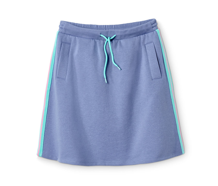 Niebieska spódnica dresowa z poliestru z recyklingu, ze sznurkiem i kieszeniami.