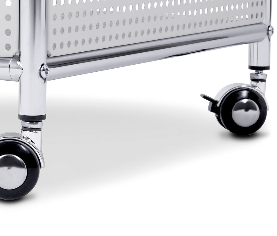 Detal białego, metalowego modułu na kółkach „CN3”.