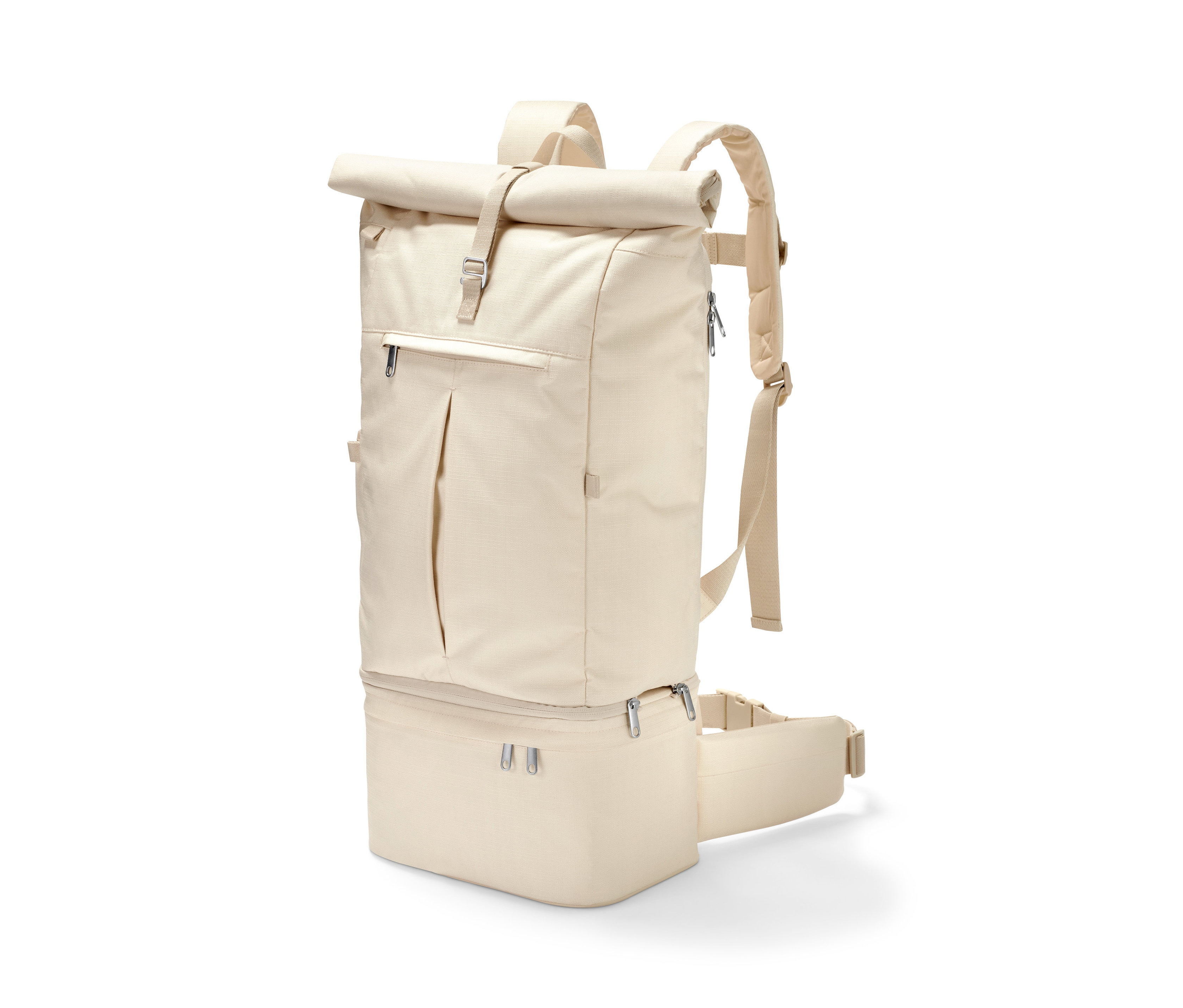 Beżowy plecak 3 w 1 na białym tle.