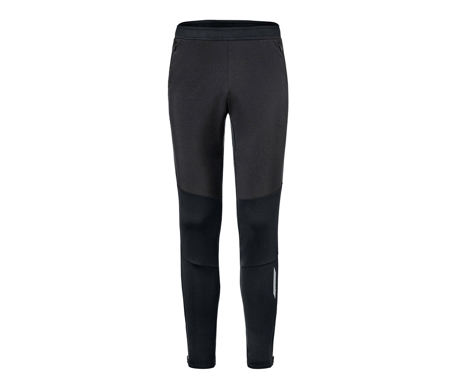 Czarne, przeciwwiatrowe legginsy sportowe.