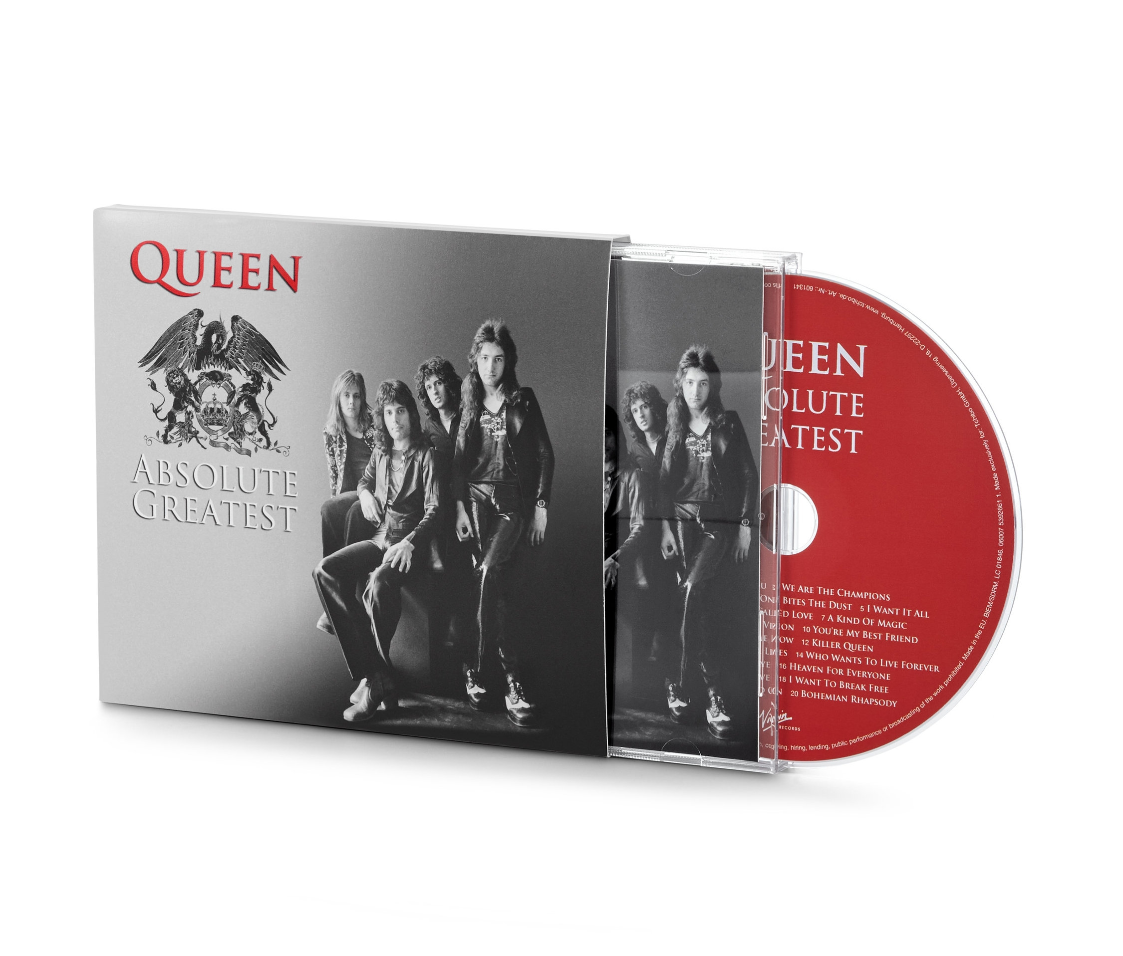 Czarno-białe zdjęcie okładki płyty CD »Queen – Absolute Greatest«.