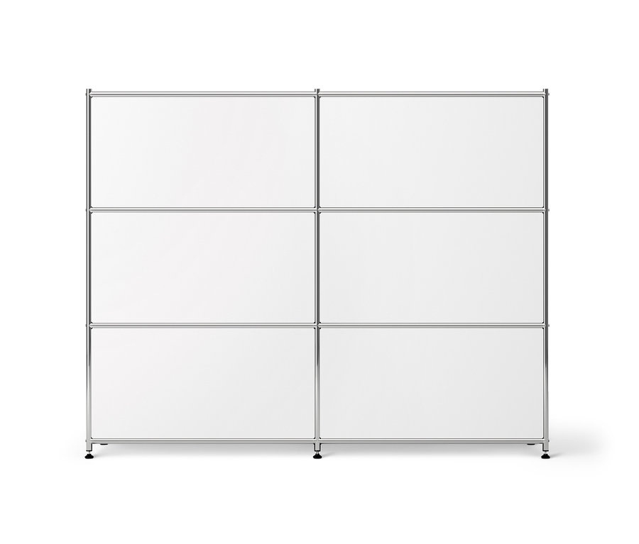 Biała metalowa komoda »CN3« z sześcioma przestawnymi komorami z klapami.