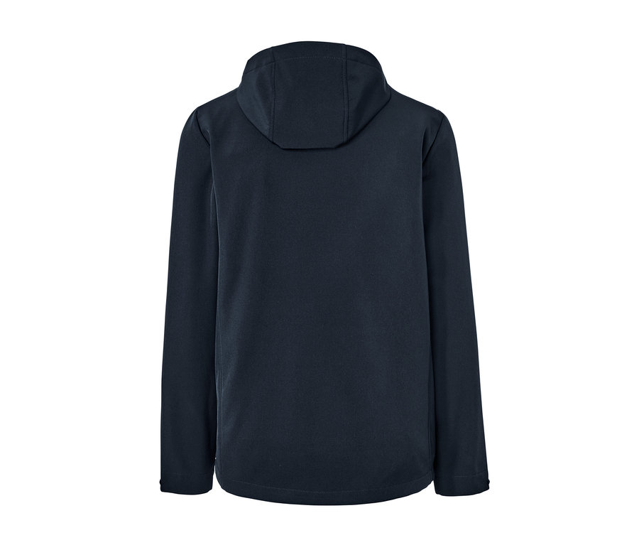 Granatowa kurtka softshell od tyłu z kapturem.