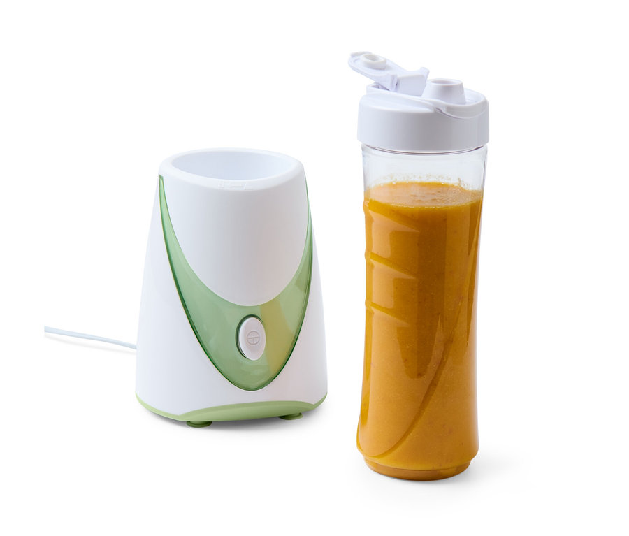 Blender do smoothie, 250 W, z pojemnikiem wypełnionym pomarańczowym smoothie.