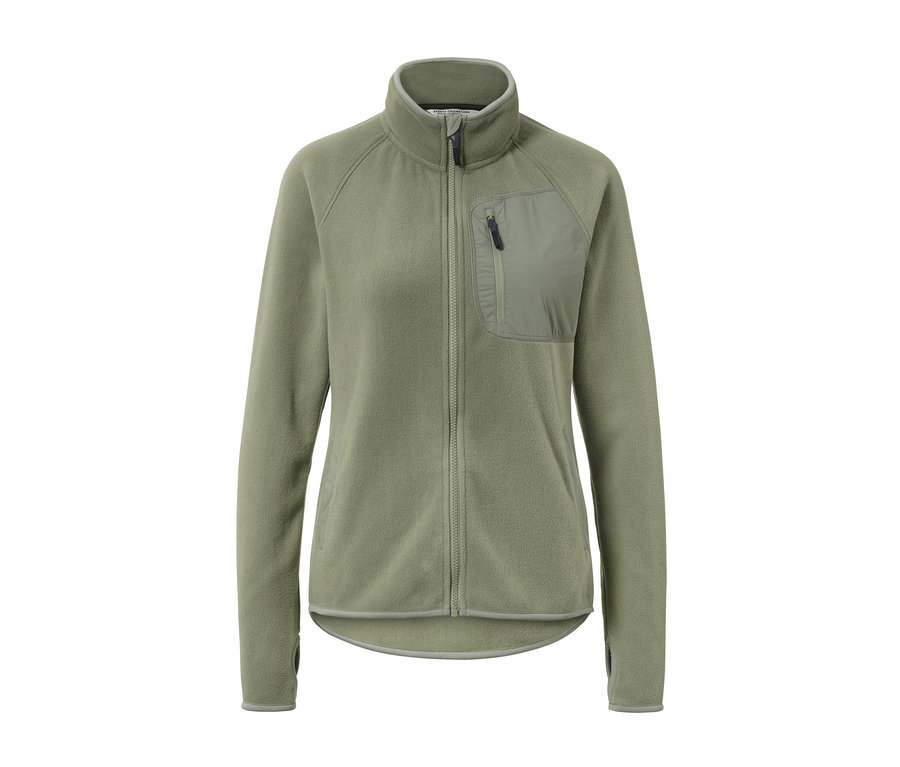 Zielona rozpinana bluza polarowa z kieszenią na piersi.