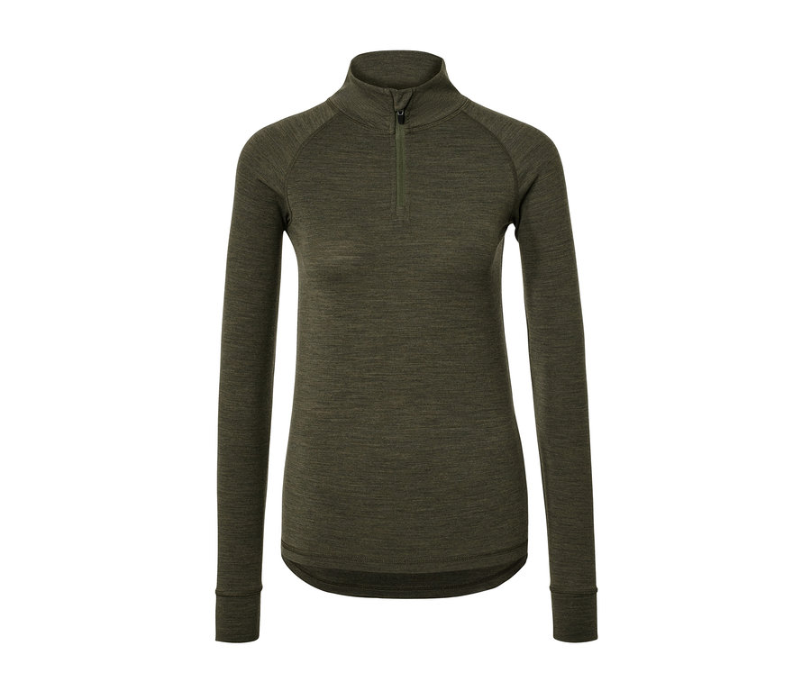 Khaki koszulka funkcyjna z zawartością wełny z certyfikatem RWS, zapinana na zamek pod szyją.