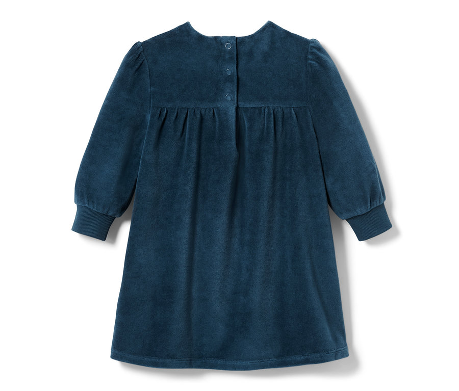 Niebieska sukienka welurowa dla dziewczynki z długimi rękawami i guzikami z tyłu.