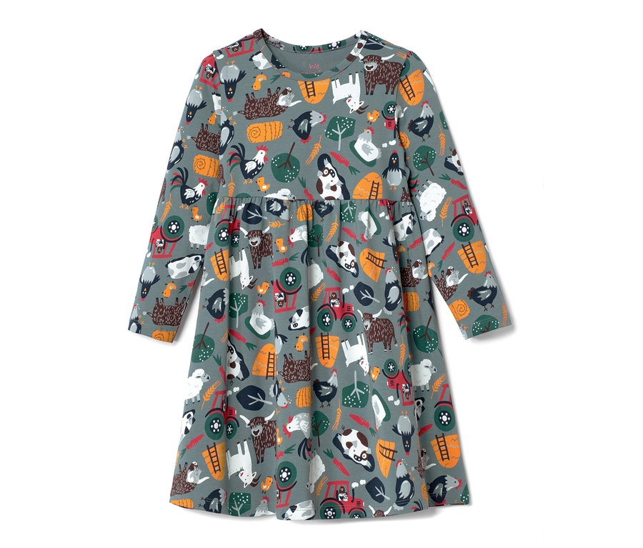 Szara dżersejowa sukienka niemowlęca z nadrukiem zwierząt i motywów rolniczych.