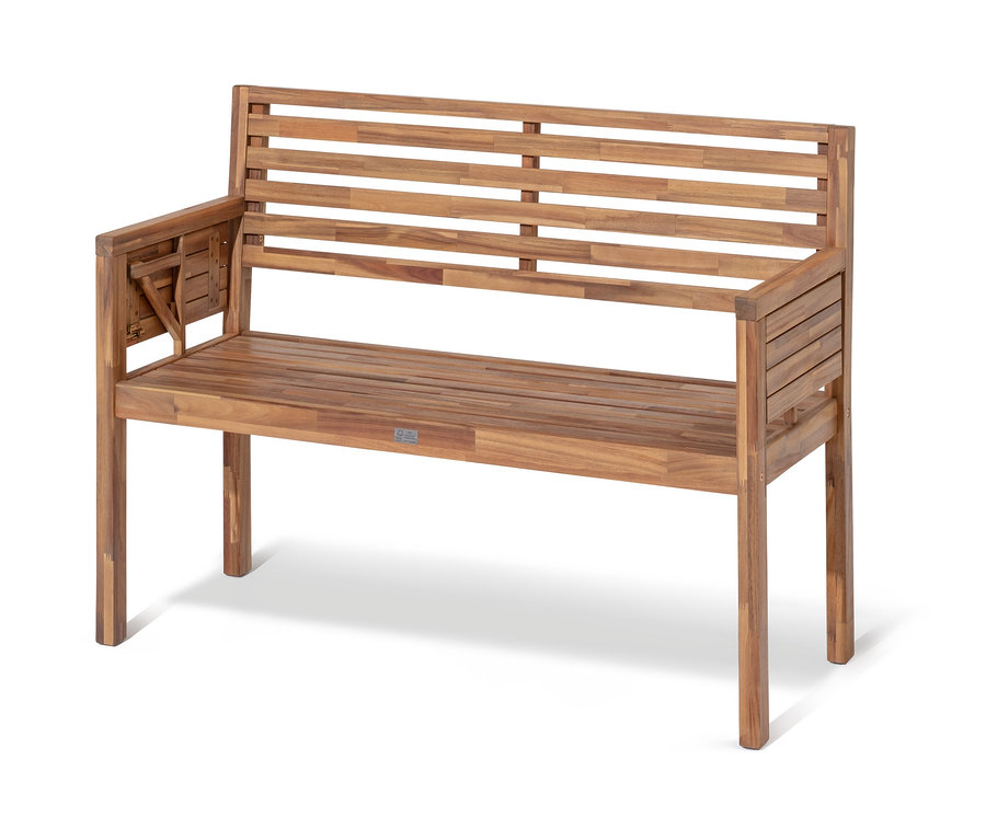 Brązowa ławka ogrodowa „Lenja” z rozkładanymi podłokietnikami.