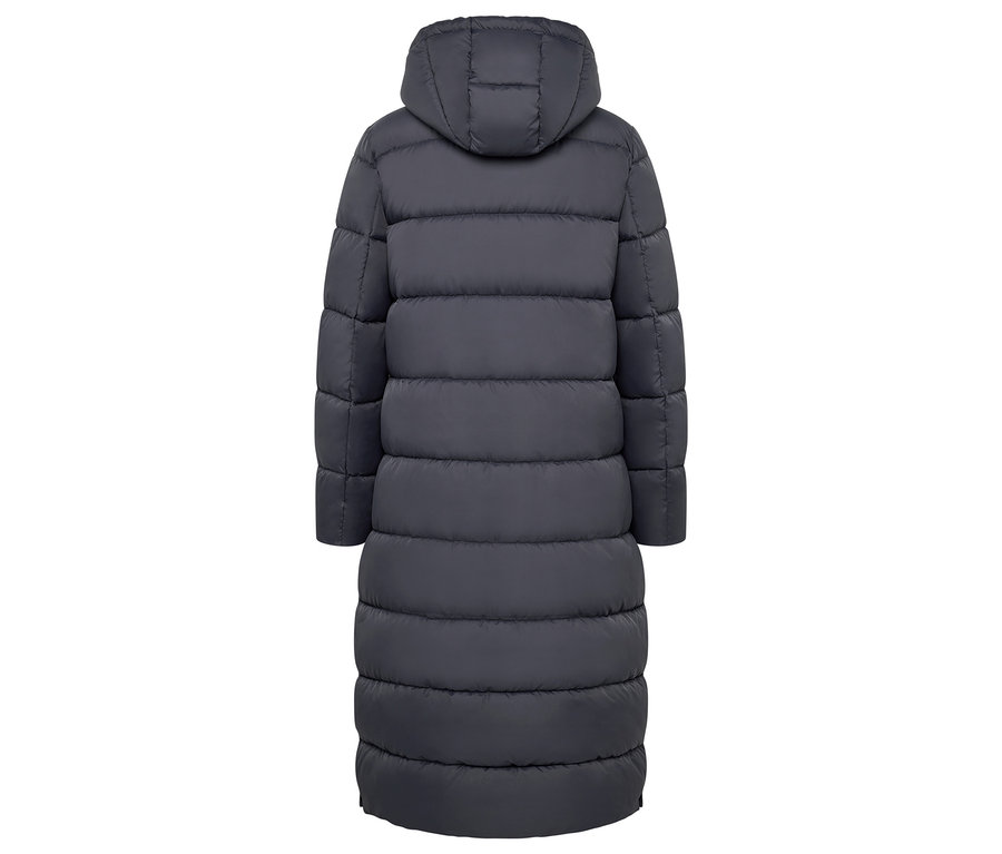 Szczegół tyłu długiej, pikowanej kurtki puchowej z kapturem w kolorze szarym.