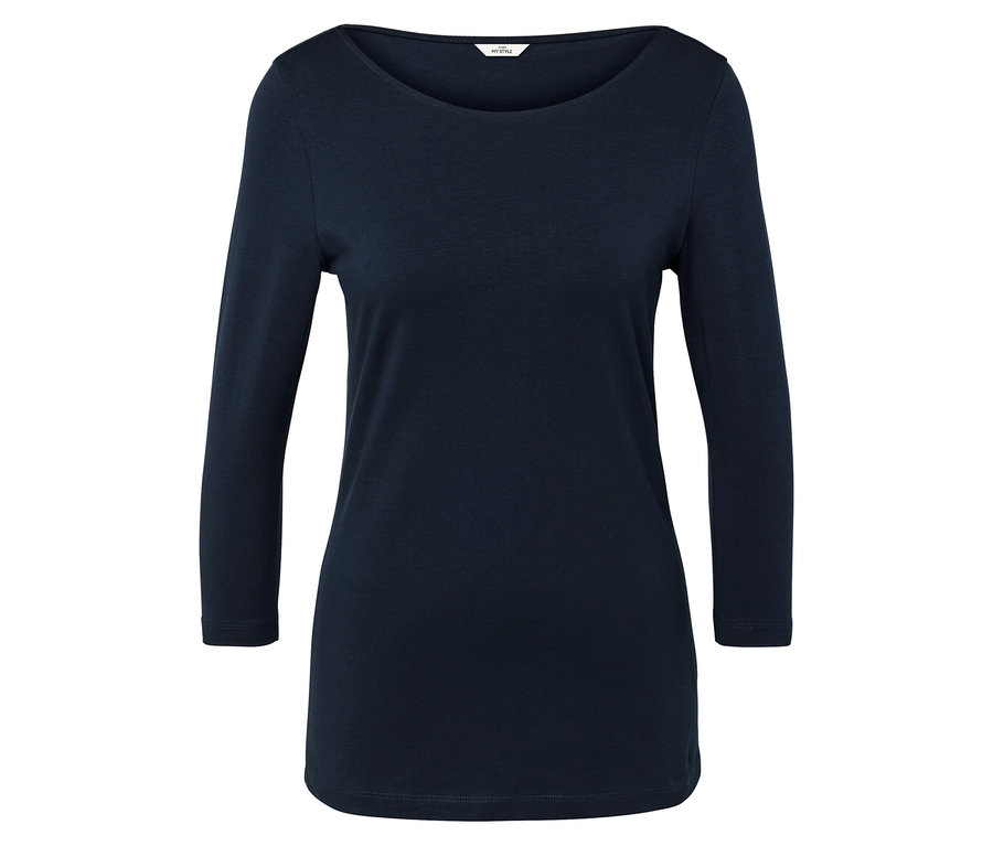 Granatowa bluzka z długim rękawem i okrągłym dekoltem na białym tle.