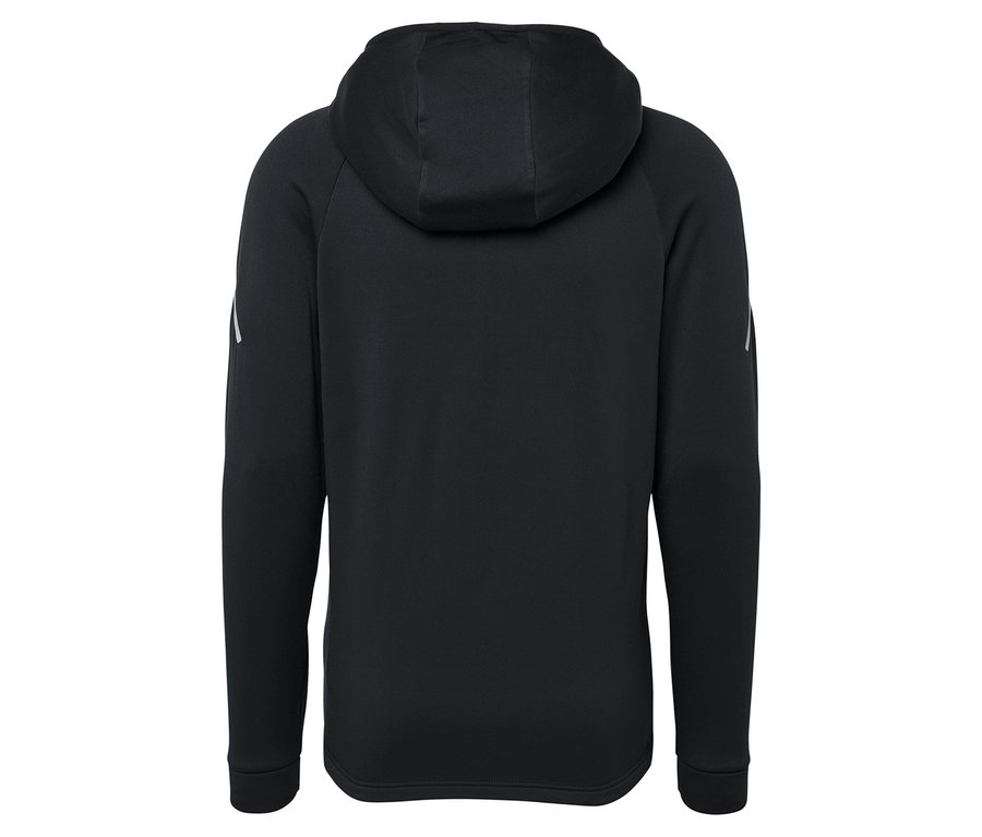 Widok z tyłu czarnej bluzy z kapturem i długimi rękawami.