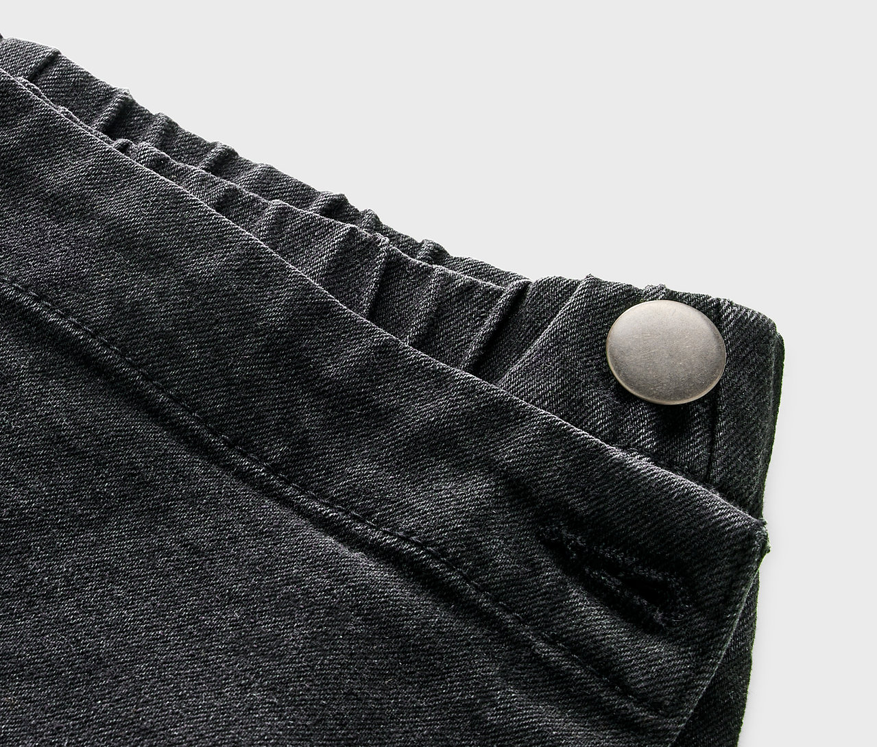 Zbliżenie na spódnico-spodnie stylizowane na dżins z guzikiem.