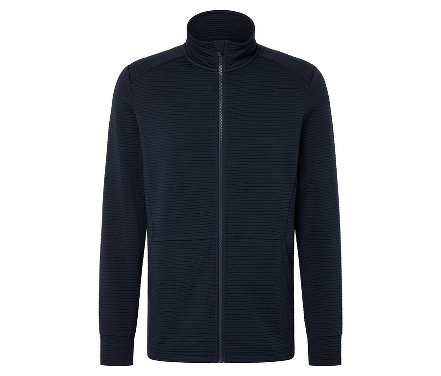 Granatowa kurtka dzianinowa zapinana na zamek z wysokim kołnierzem.