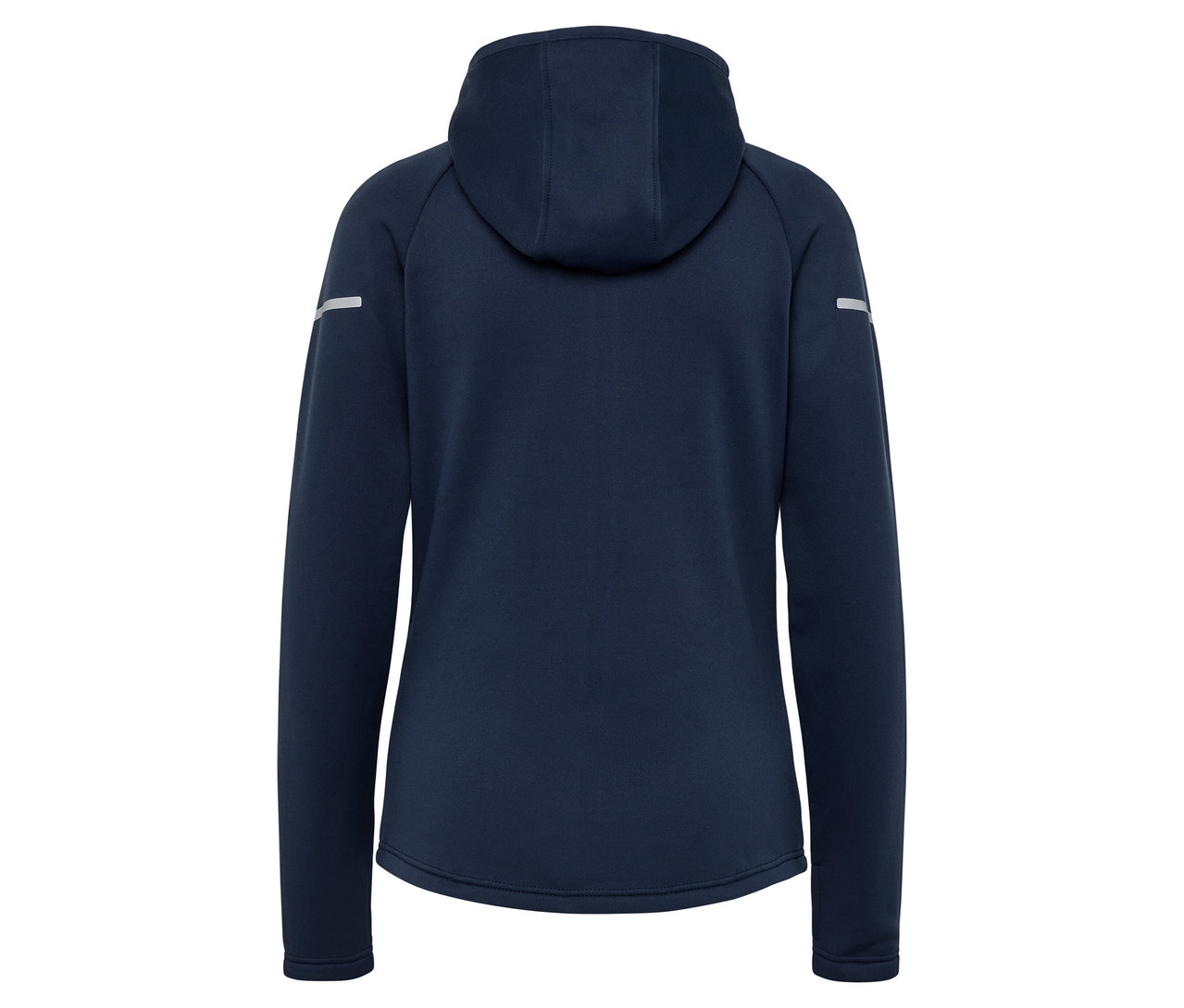 Widok z tyłu granatowej bluzy z kapturem i długimi rękawami.