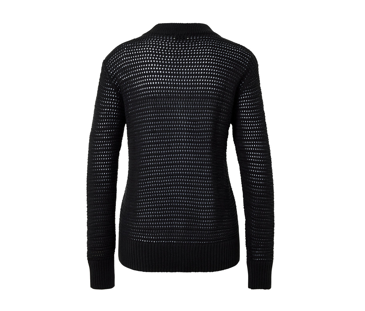 Szczegółowy widok z tyłu czarnego kardiganu o ażurowym splocie.