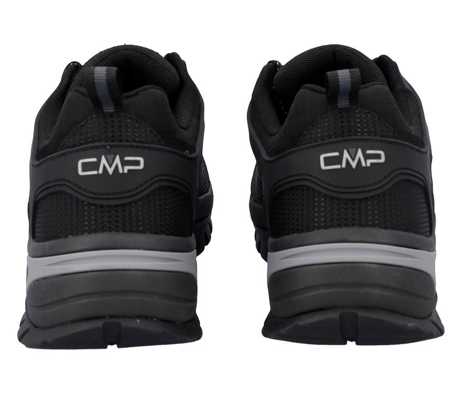 Widok z tyłu dwóch czarnych butów CMP z szarymi akcentami.