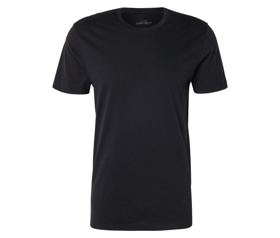 Ciemny T-shirt z krótkimi rękawami i okrągłym dekoltem leży na białym tle.