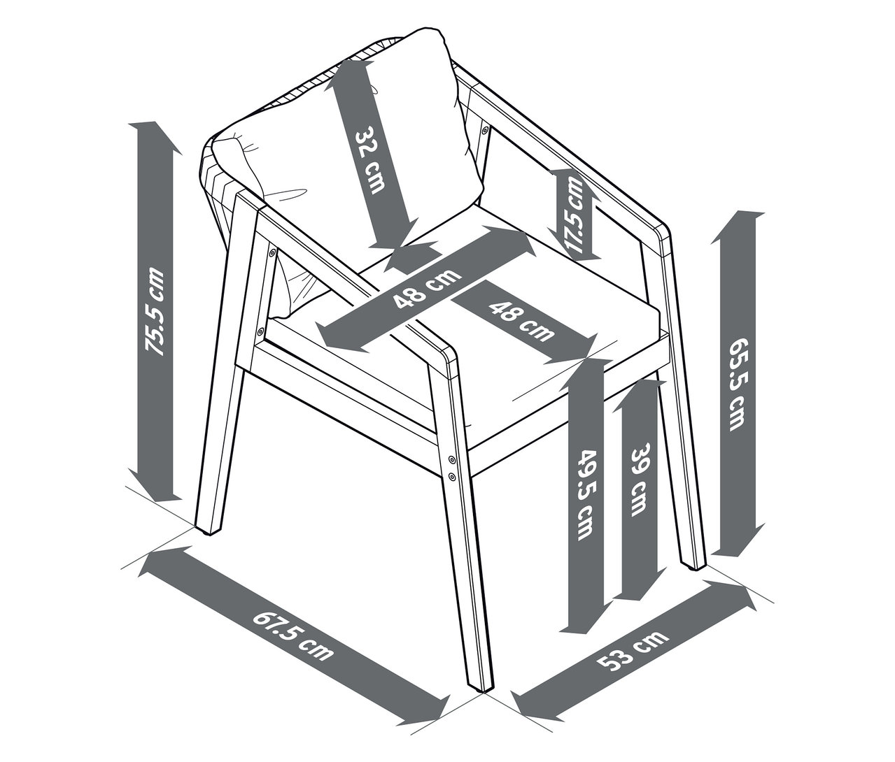 Ilustracja klasycznego krzesła ogrodowego z wymiarami.