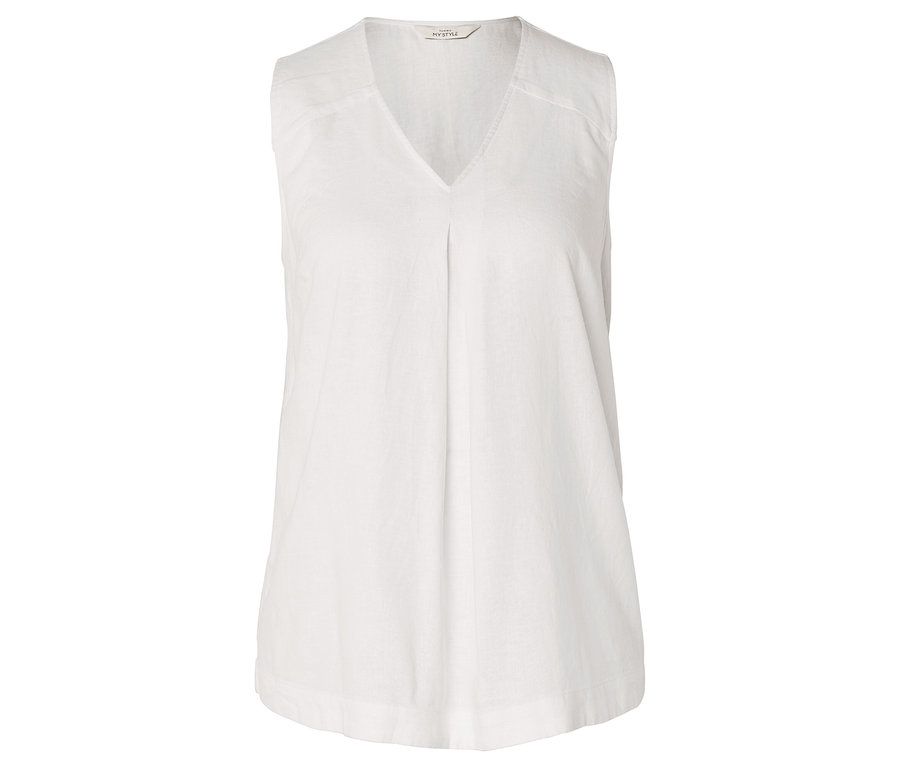 Biała bluzka bez rękawów z dekoltem w serek.