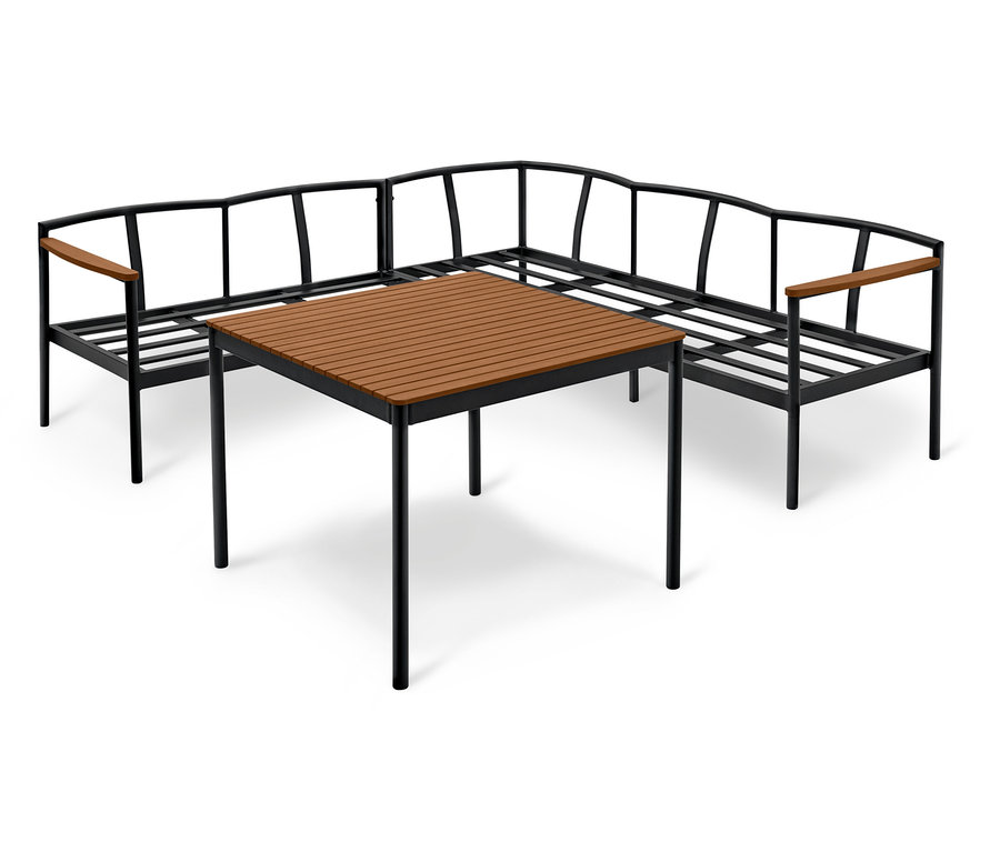 Czarna rama sofy narożnej z brązowymi podłokietnikami i kwadratowy brązowy stół z czarną ramą stoją na białym tle.