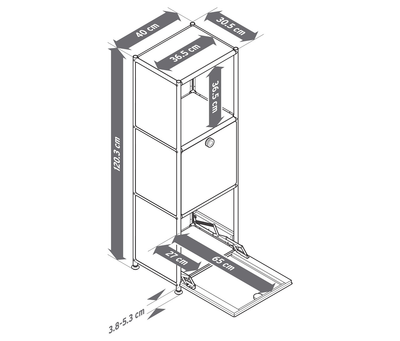 Widok z góry metalowej komody „CN3 Slim Line” z dwiema klapami, z których dolna jest otwarta i zawiera wymiary w cm.