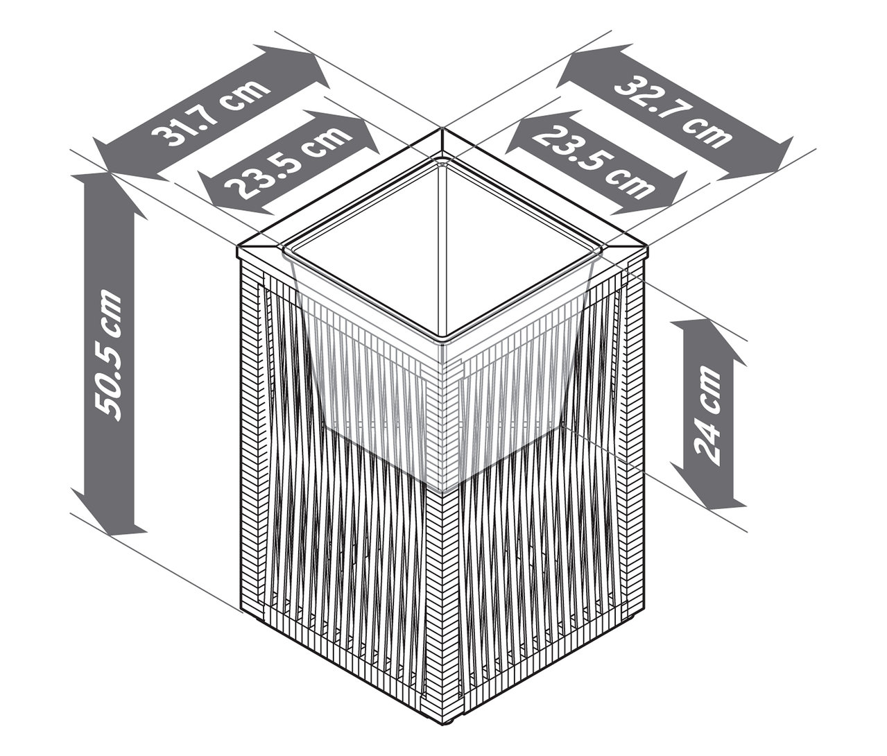 Widok z góry na doniczkę z plecionką tekstylną i wymiarami.