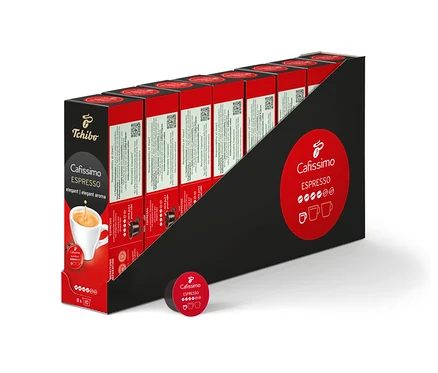 Opakowanie kapsułek do espresso Cafissimo elegant. Opakowanie jest czerwono-czarne i zawiera 80 kapsułek.