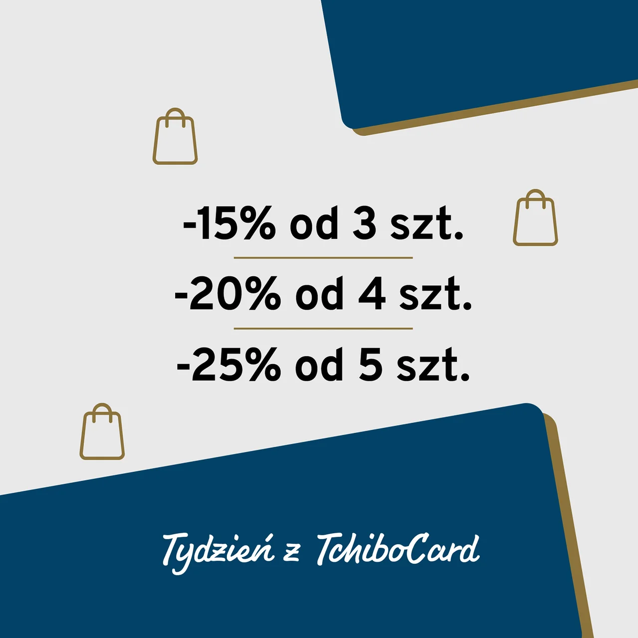 Szare tło z trzema ikonami toreb na zakupy i niebieskimi kształtami. Tekst: -15% od 3 szt., -20% od 4 szt., -25% od 5 szt., Tydzień z TchiboCard.