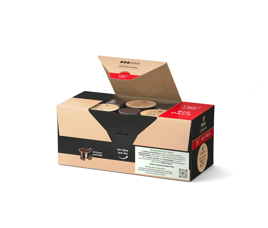 Otwarte opakowanie Cafissimo Decaffeinato z 30 kapsułkami.
