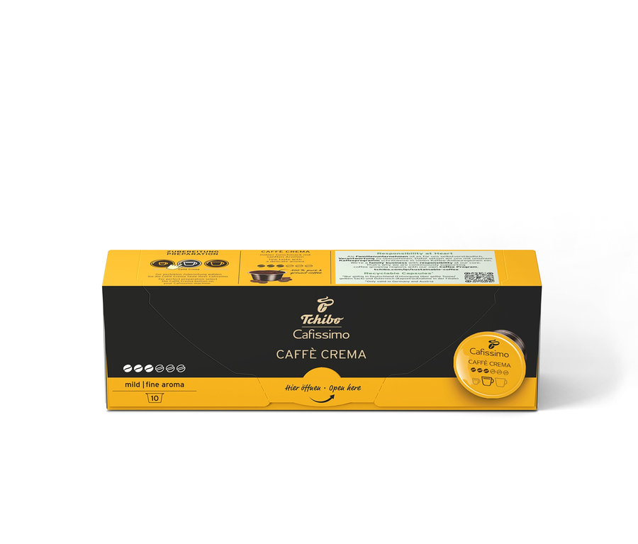 Opakowanie kapsułek do kawy Cafissimo Caffè Crema mild z dziesięcioma kapsułkami.