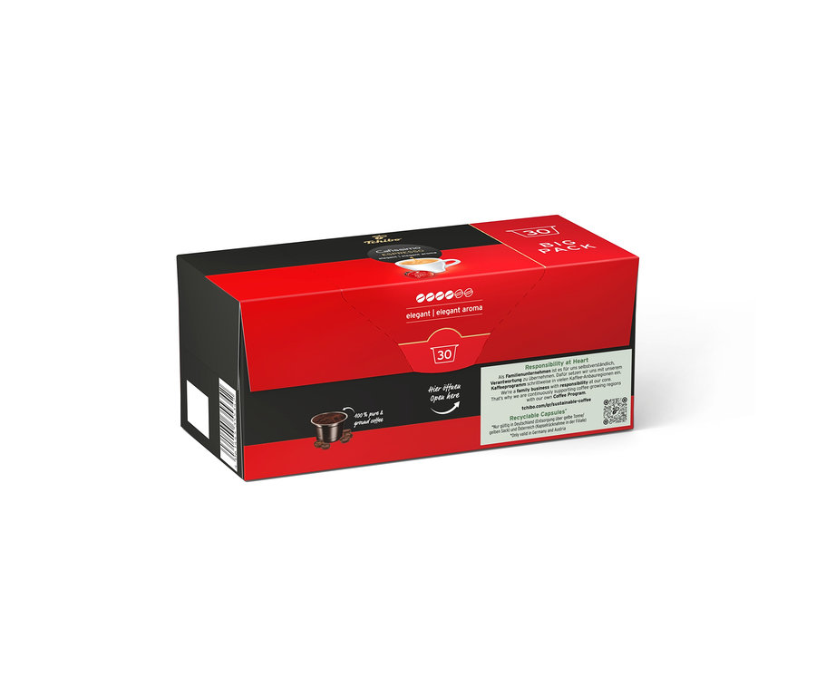 Czerwono-czarne opakowanie Tchibo Cafissimo Espresso Elegant Aroma 30 szt. Kawa w kapsułkach, z filiżanką kawy i kapsułką z kawą mieloną.