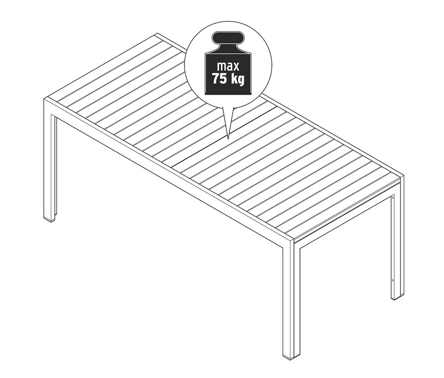 Szkic rozsuwanego stołu ogrodowego Liska z aluminium o maksymalnej nośności 75 kg.