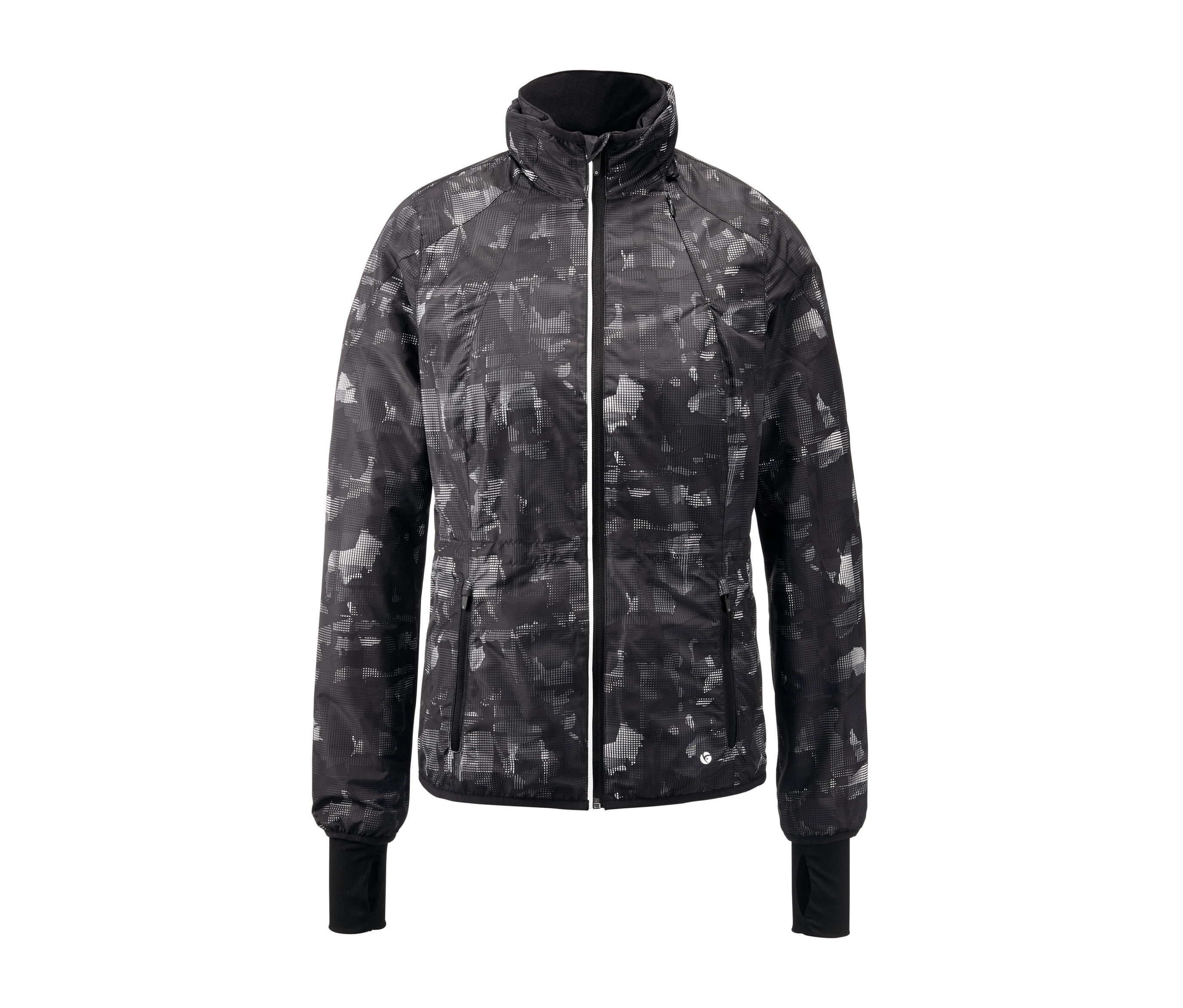 Czarna, chroniąca przed wiatrem damska kurtka do biegania z białym zamkiem błyskawicznym.