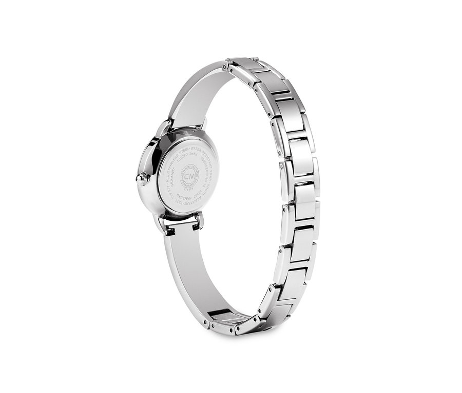 Zbliżenie na zegarek damski wysadzany kryształami marki Swarovski® z metalową bransoletą.