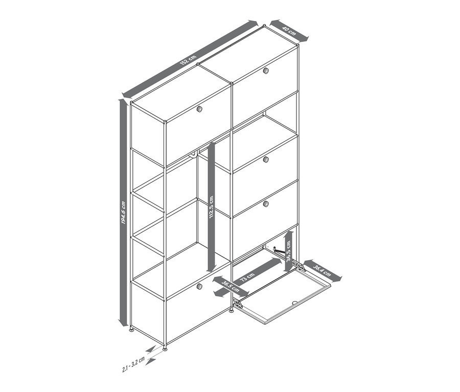 Rysunek metalowej szafy »CN3« w kolorze czarnym, szarym i białym z wymiarami.
