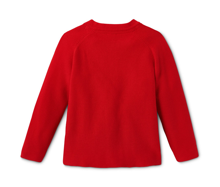 Czerwony sweter z dzianiny z bawełny ekologicznej.