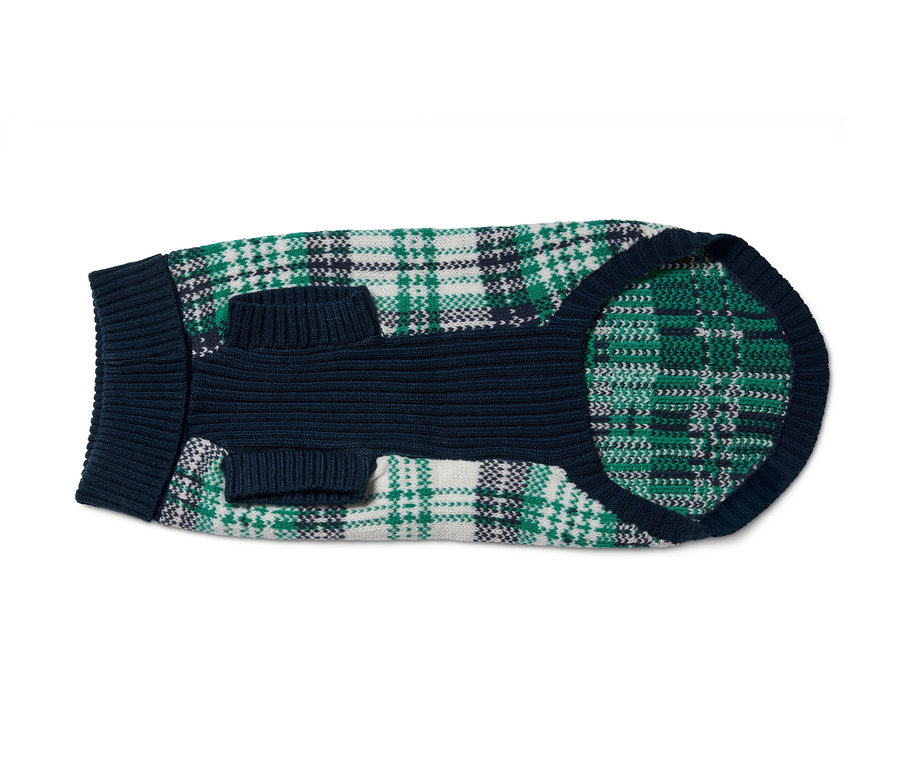 Sweter dla psa w zielono-biało-granatową kratę.