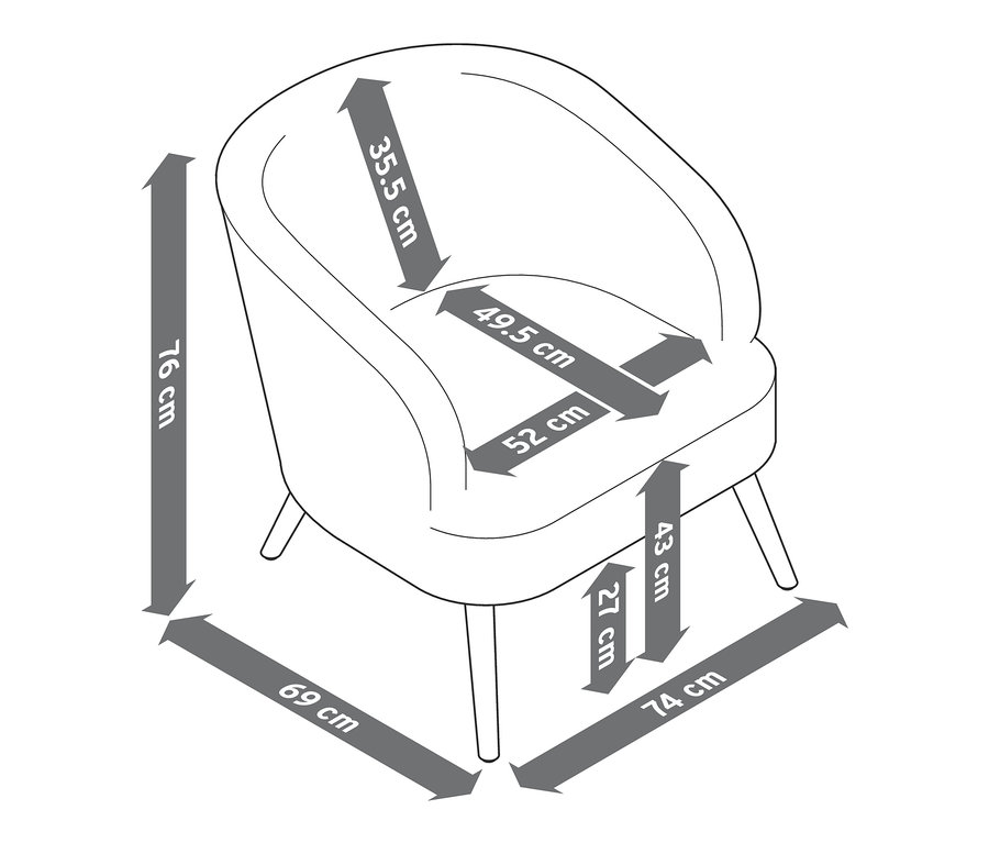 Rysunek fotela z tkaniny bouclé z drewnianymi nogami z wymiarami.
