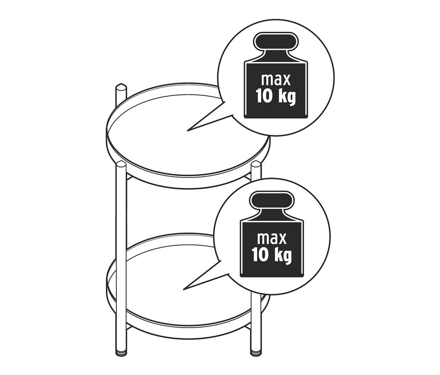 Ilustracja metalowego stolika z maksymalnym obciążeniem 10 kg.